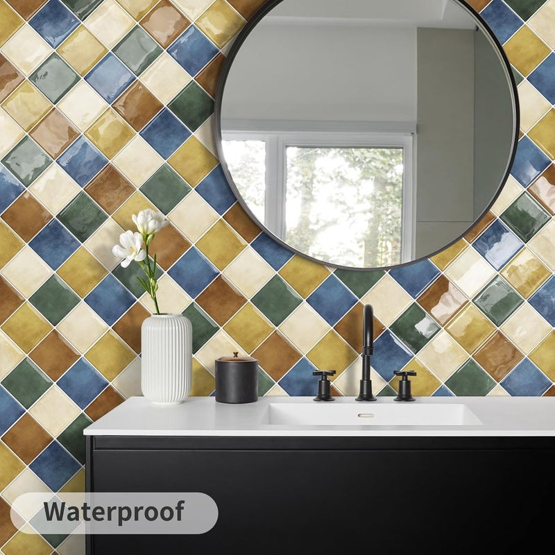 DEWOO Colorful Peel and Stick Backsplash Tiles Kitchen Bathroom Square Self Adhesive Wall Tile Checkerboard Checkered Stickers,Multicolor (10-Sheet, 12"×12") - Image 3